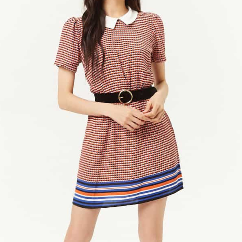 Multicolor Houndstooth Striped-Trim Dress NWT